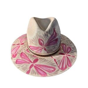 Mexican Artisanal Hand Painted Fedora Hat Pink Dragonfly-Beige M